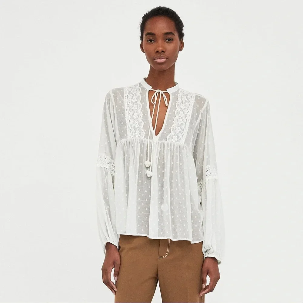 (Sold) Zara Dotted Mesh Blouse with Lace - Picture 3 of 7